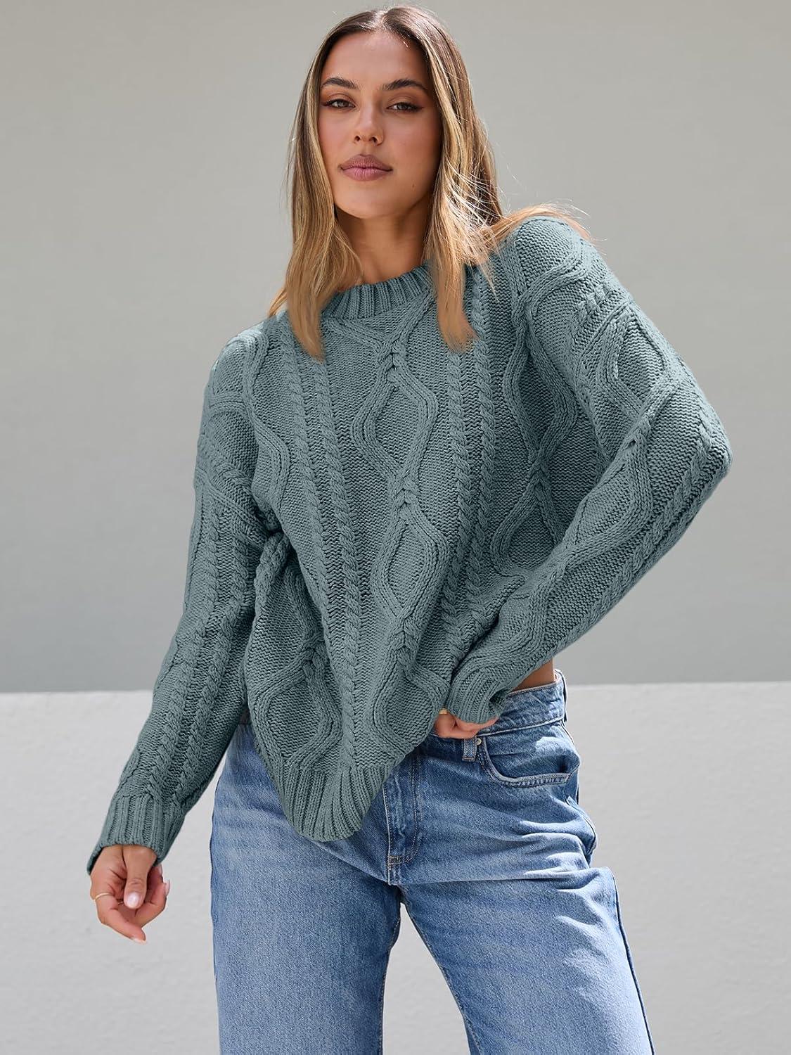 imageTrendy Queen Womens Oversized Cable Knit Crewneck SweatersDark Sage