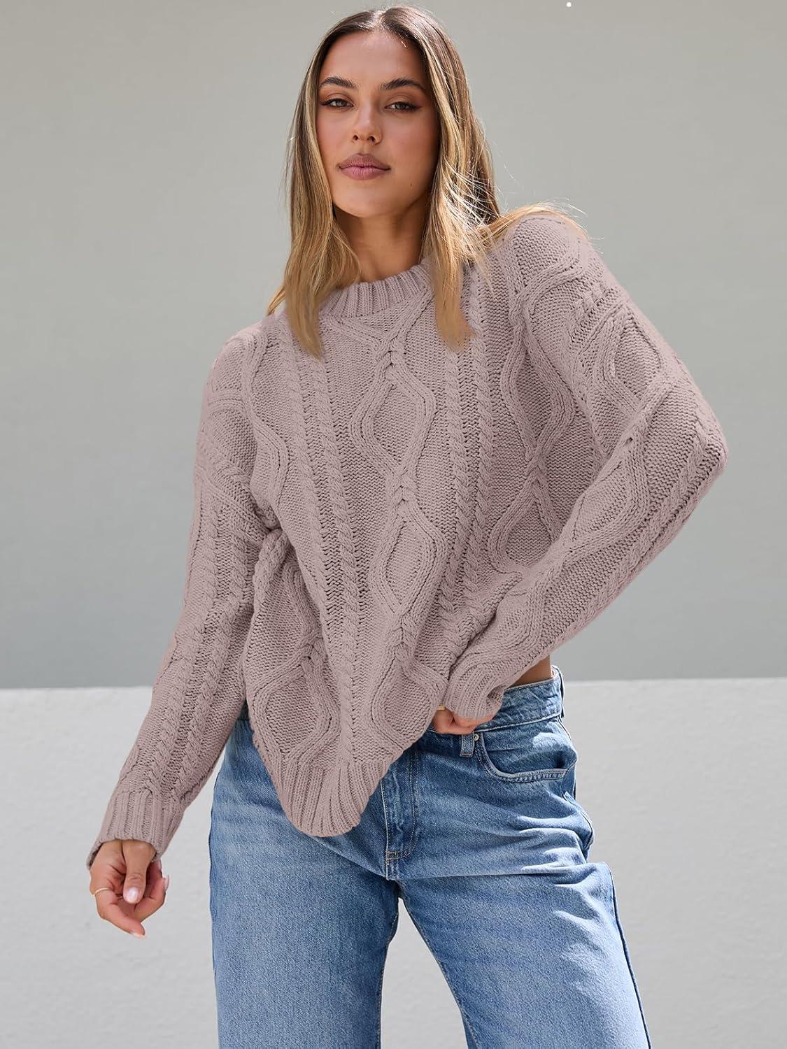 imageTrendy Queen Womens Oversized Cable Knit Crewneck SweatersLight Mauve