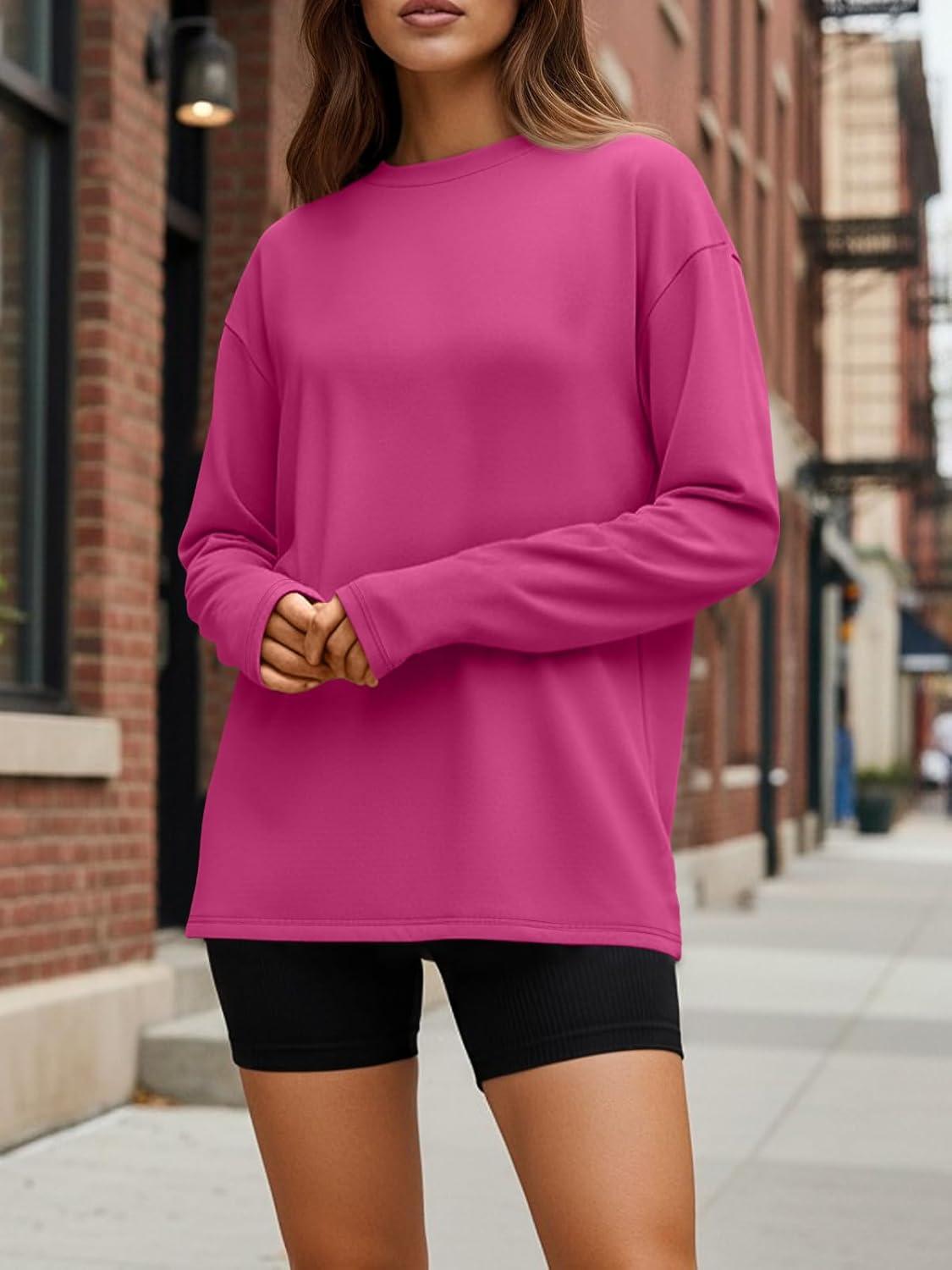 imageTrendy Queen Womens Oversized Long Sleeve T Shirts 2025 Basic Crewneck Tee Fall Tops Casual Workout Y2K ClothesHotpink
