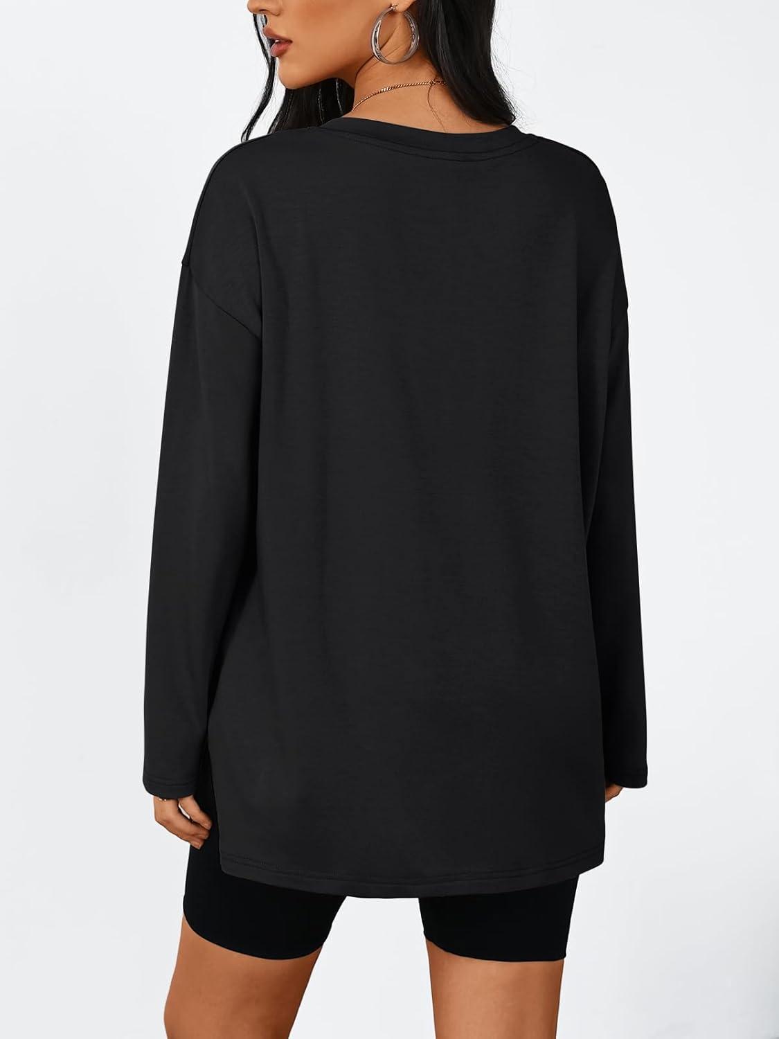 imageTrendy Queen Womens Oversized Long Sleeve T Shirts Side Slit Workout Tops Fall Fashion Plus Size Gym V Neck Basic Y2k TeesBlack