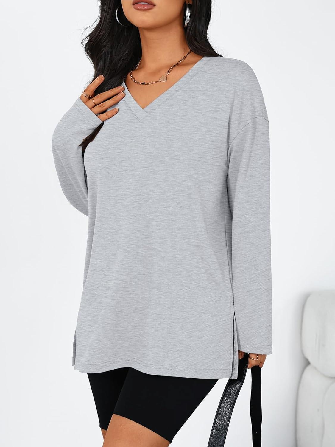 imageTrendy Queen Womens Oversized Long Sleeve T Shirts Side Slit Workout Tops Fall Fashion Plus Size Gym V Neck Basic Y2k TeesGrey