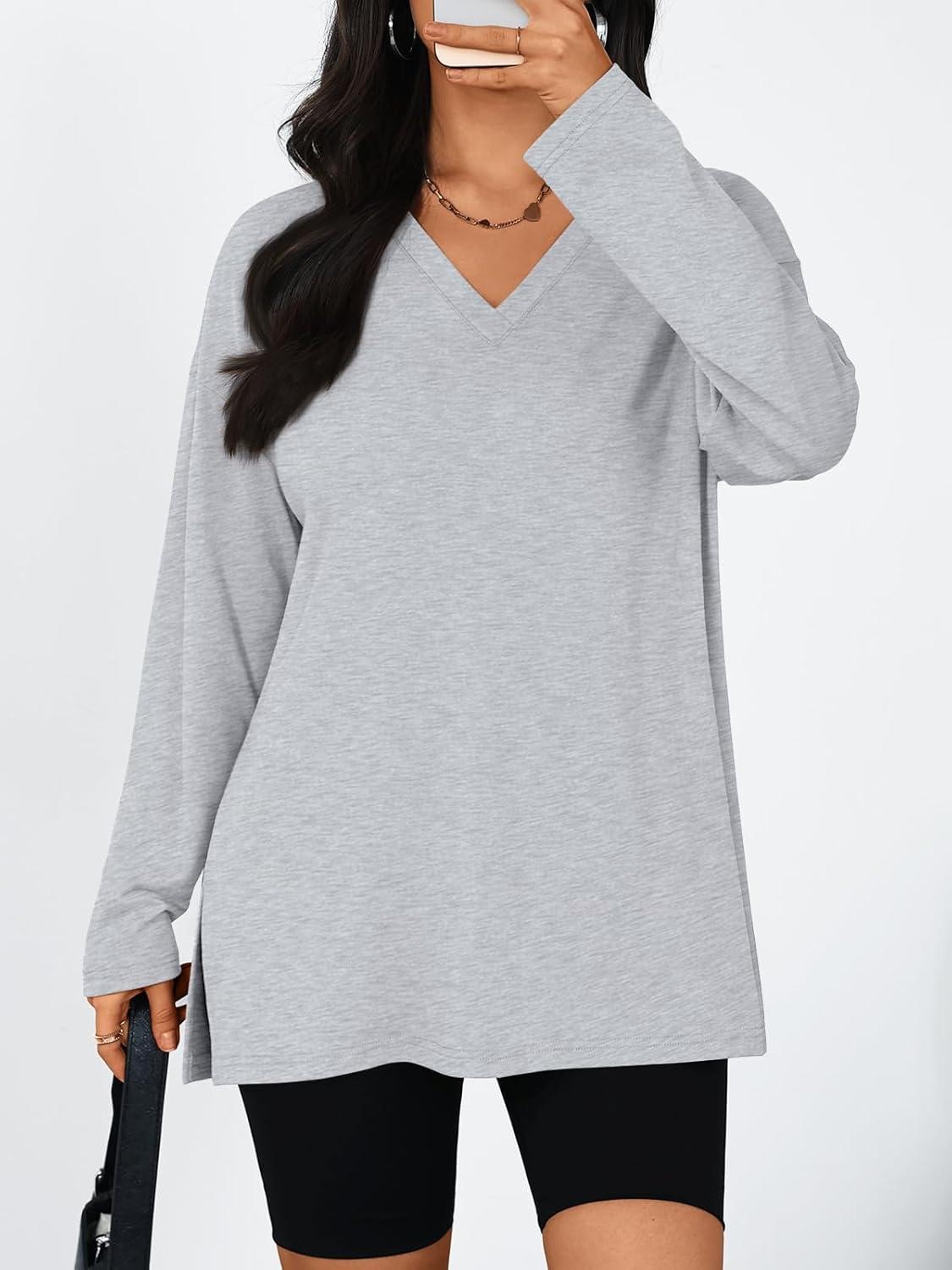 imageTrendy Queen Womens Oversized Long Sleeve T Shirts Side Slit Workout Tops Fall Fashion Plus Size Gym V Neck Basic Y2k TeesGrey