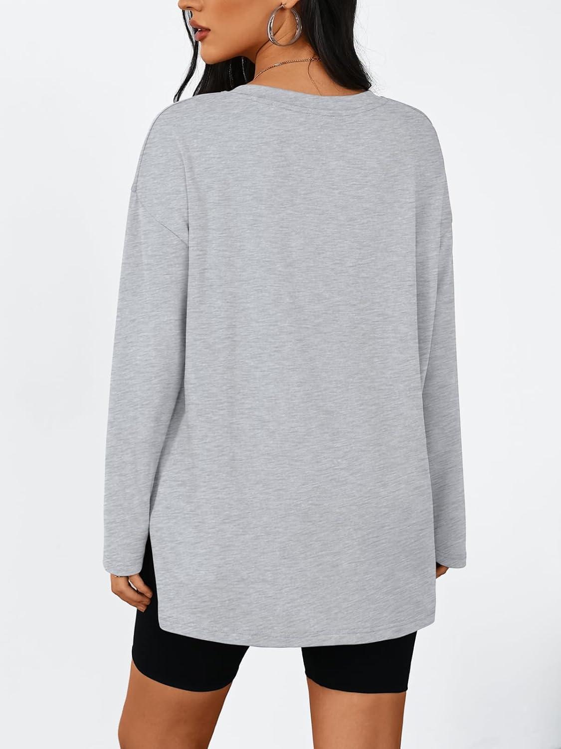 imageTrendy Queen Womens Oversized Long Sleeve T Shirts Side Slit Workout Tops Fall Fashion Plus Size Gym V Neck Basic Y2k TeesGrey