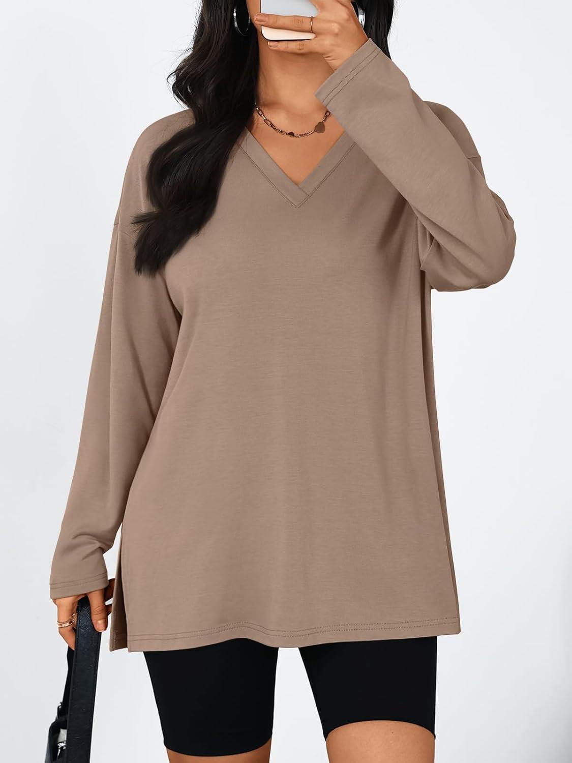 imageTrendy Queen Womens Oversized Long Sleeve T Shirts Side Slit Workout Tops Fall Fashion Plus Size Gym V Neck Basic Y2k TeesKhaki