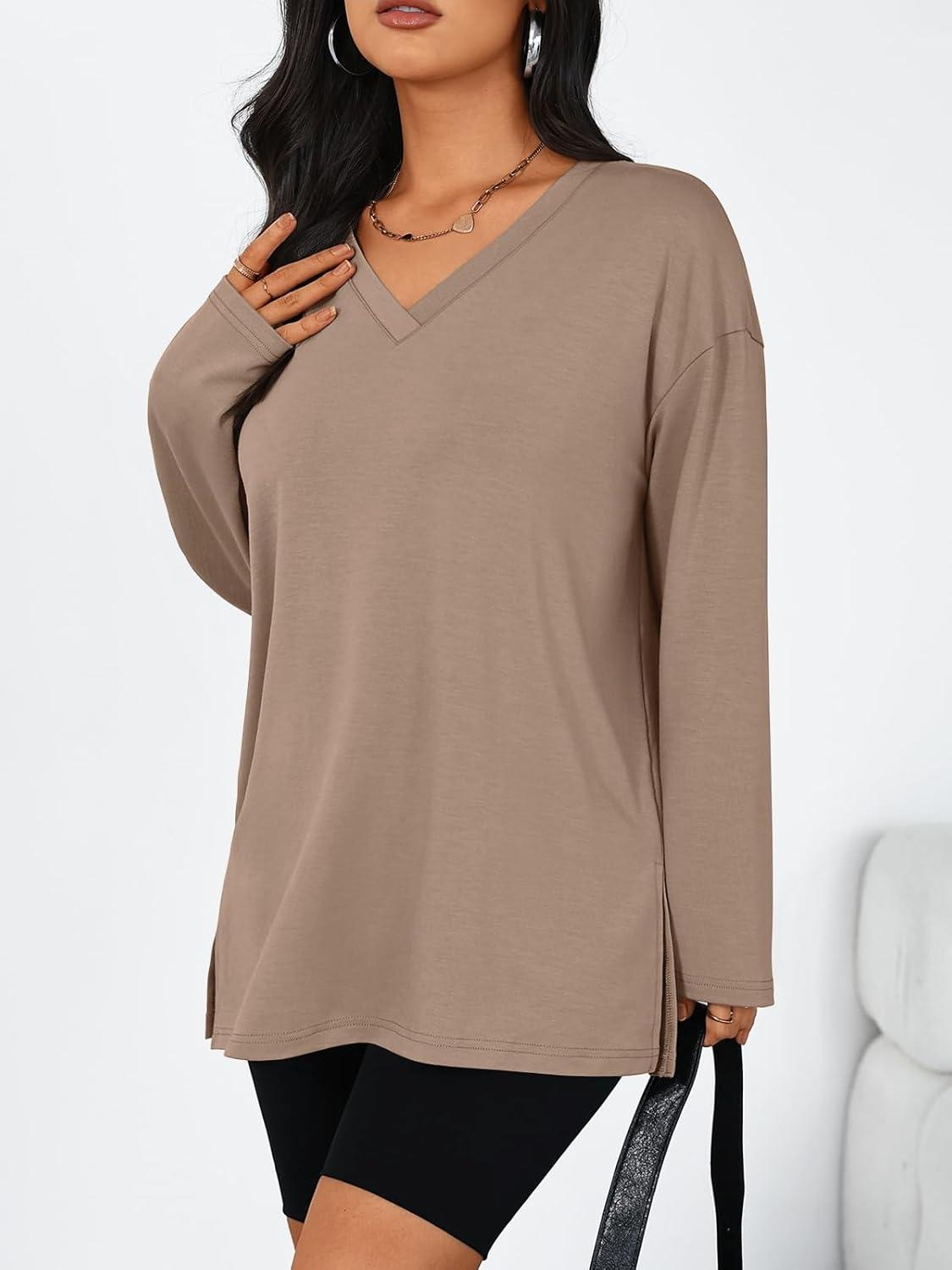 imageTrendy Queen Womens Oversized Long Sleeve T Shirts Side Slit Workout Tops Fall Fashion Plus Size Gym V Neck Basic Y2k TeesKhaki