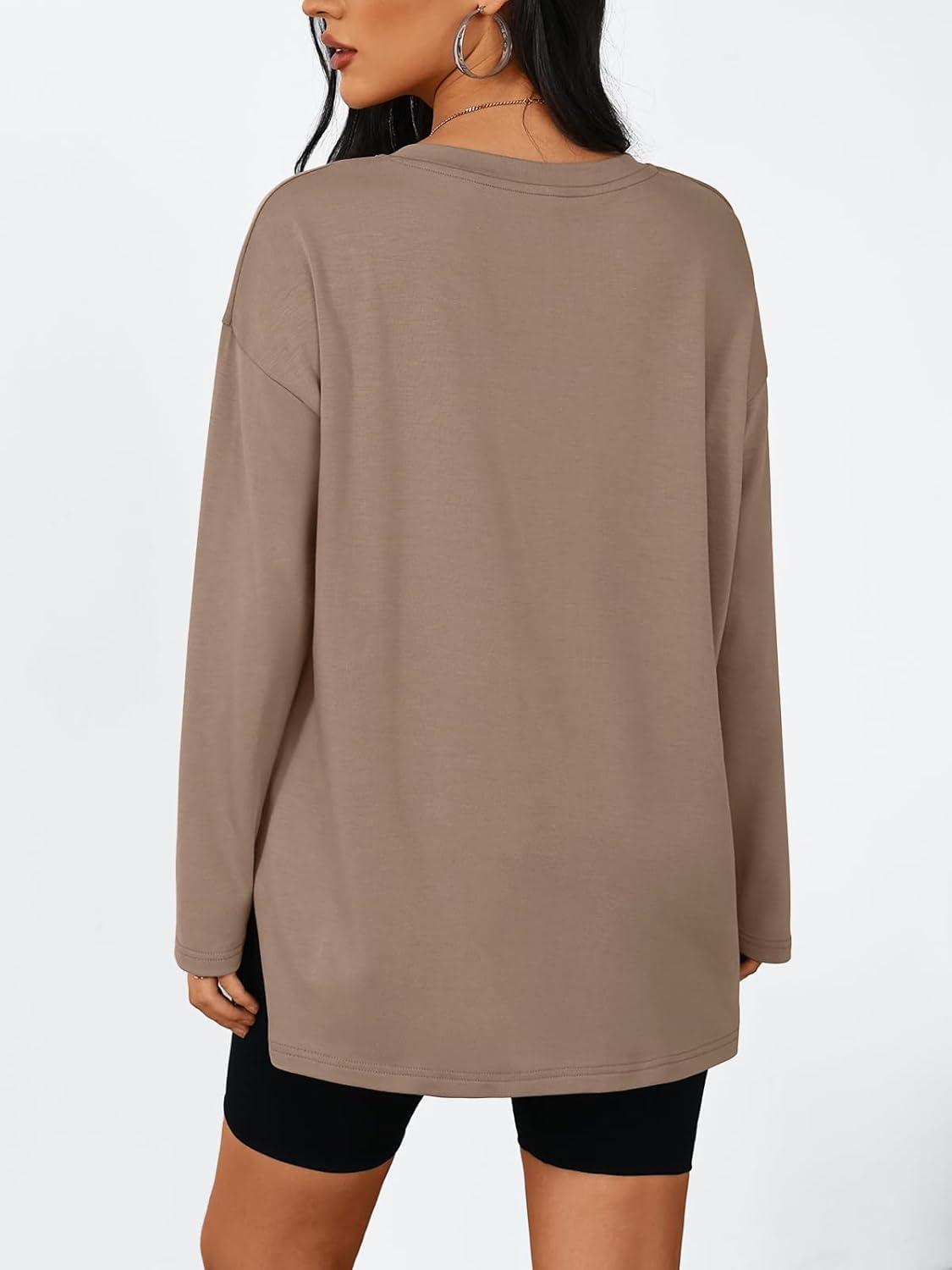 imageTrendy Queen Womens Oversized Long Sleeve T Shirts Side Slit Workout Tops Fall Fashion Plus Size Gym V Neck Basic Y2k TeesKhaki