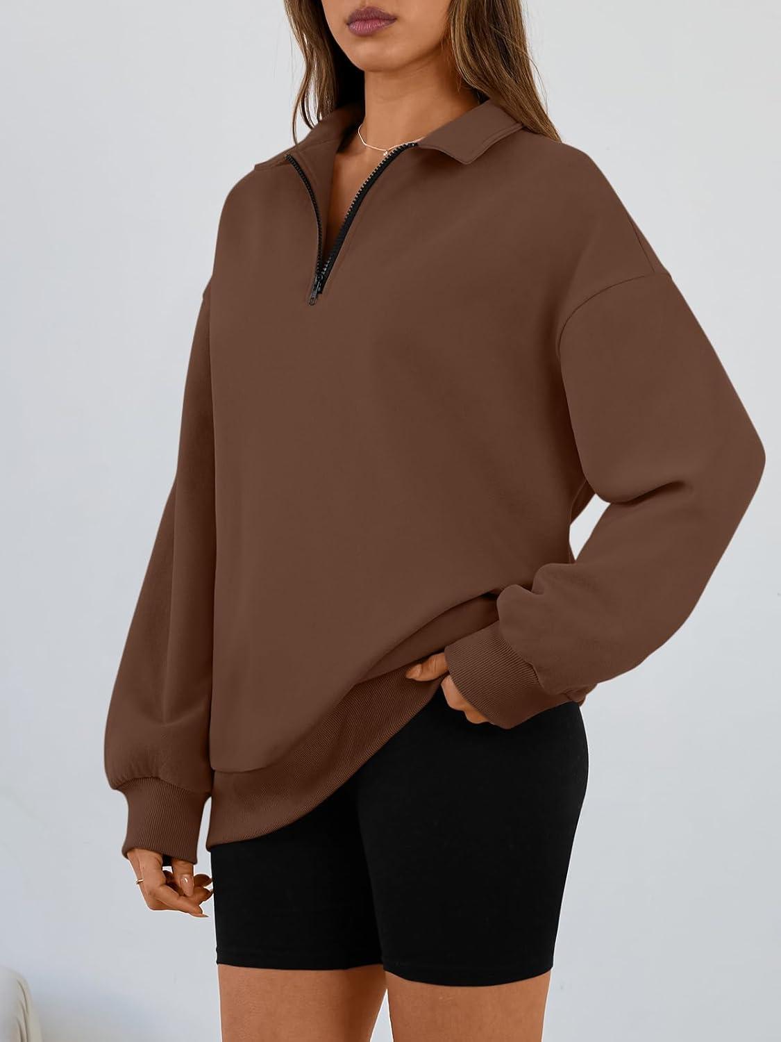 imageTrendy Queen Womens Oversized Sweatshirts Fall Sweaters Fashion Hoodies Half Zip Pullover Long Sleeve Shirts ClothesBrown