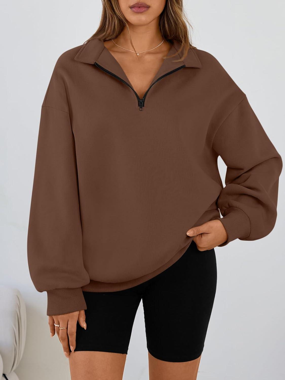 imageTrendy Queen Womens Oversized Sweatshirts Fall Sweaters Fashion Hoodies Half Zip Pullover Long Sleeve Shirts ClothesBrown