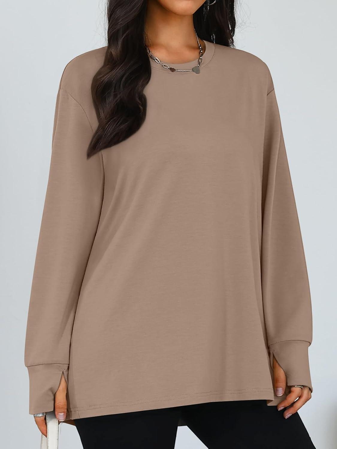 imageTrendy Queen Womens Oversized T Shirts Fall Thumb Hole Long Sleeve Workout Tops Fashion Plus Size Gym Loose Y2k Tunic TeeKhaki