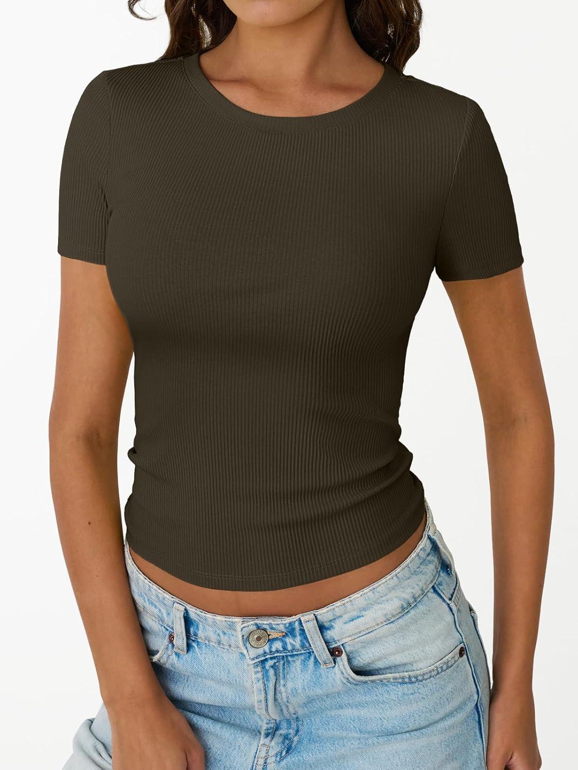 imageTrendy Queen Womens Short Sleeve Shirts Crewneck Ribbed Knit Slim Fitted TShirt Summer Basic Tee 2025 TopsArmy Green