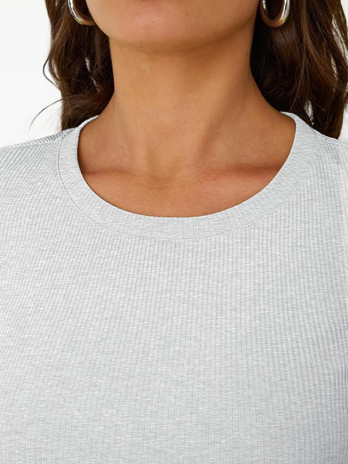imageTrendy Queen Womens Short Sleeve Shirts Crewneck Ribbed Knit Slim Fitted TShirt Summer Basic Tee 2025 TopsOatmeal Grey