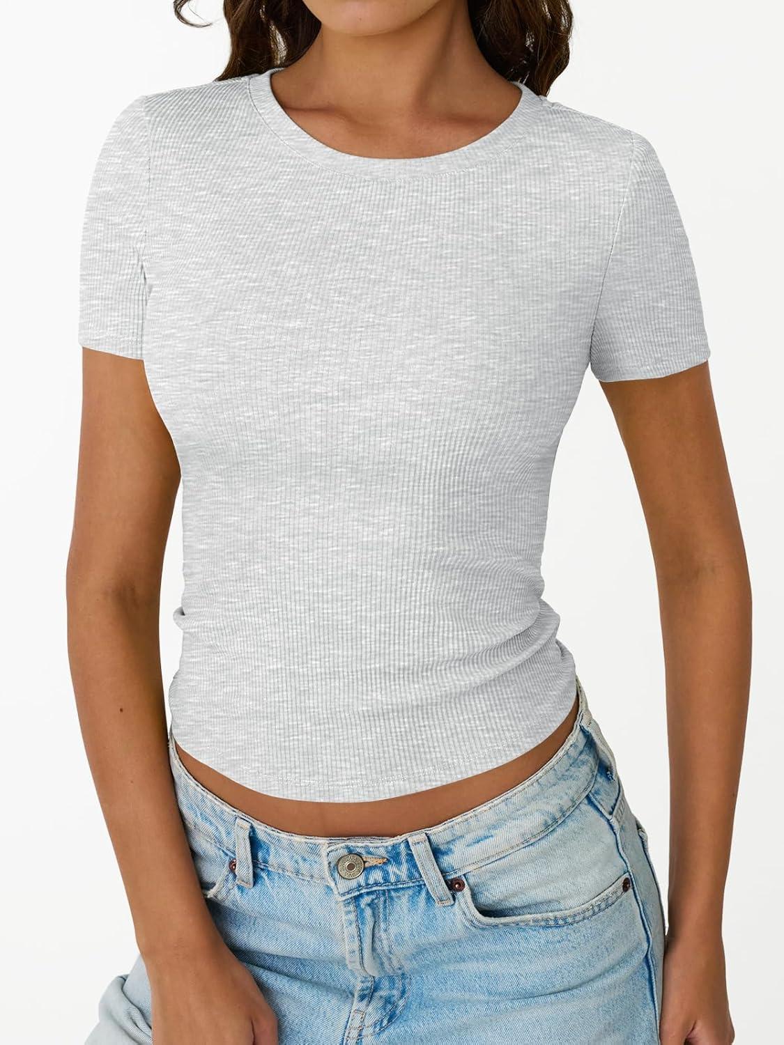 imageTrendy Queen Womens Short Sleeve Shirts Crewneck Ribbed Knit Slim Fitted TShirt Summer Basic Tee 2025 TopsOatmeal Grey