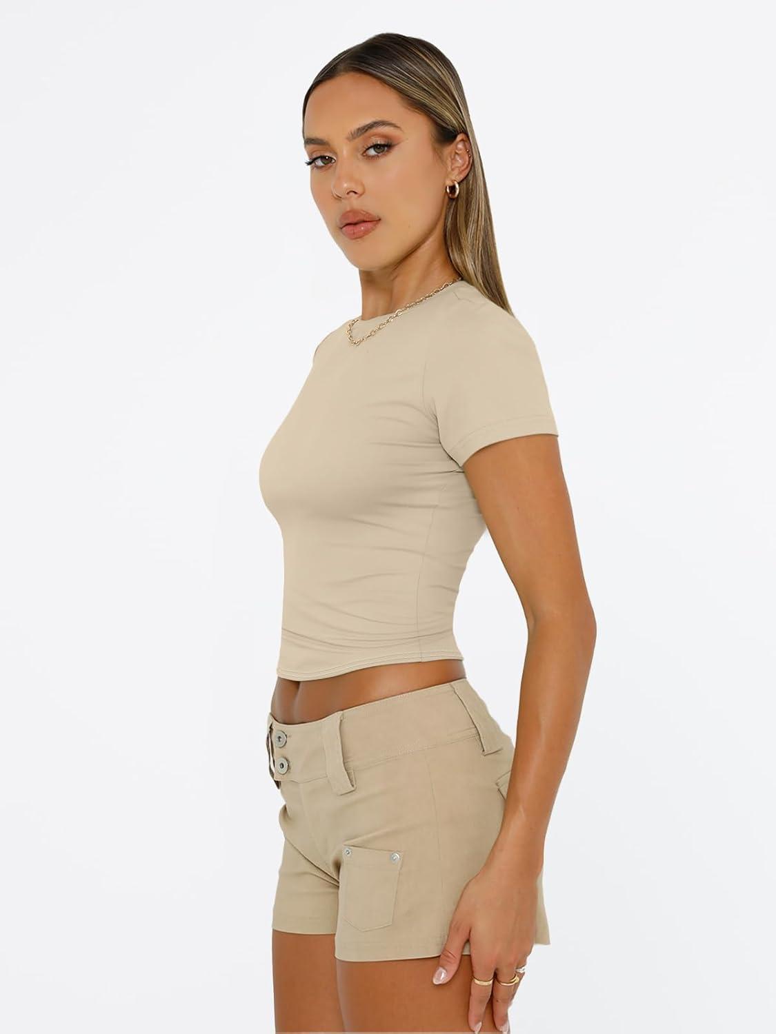 imageTrendy Queen Womens Short Sleeve T Shirts Summer Crop Tops Basic Slim Fit Gym Workout Y2k ClothesBeige