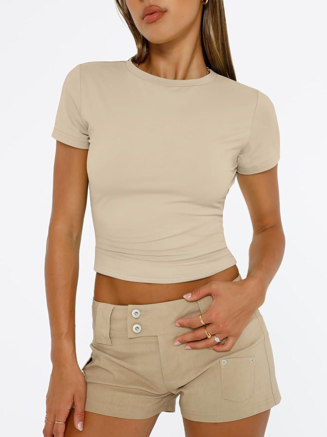 imageTrendy Queen Womens Short Sleeve T Shirts Summer Crop Tops Basic Slim Fit Gym Workout Y2k ClothesBeige
