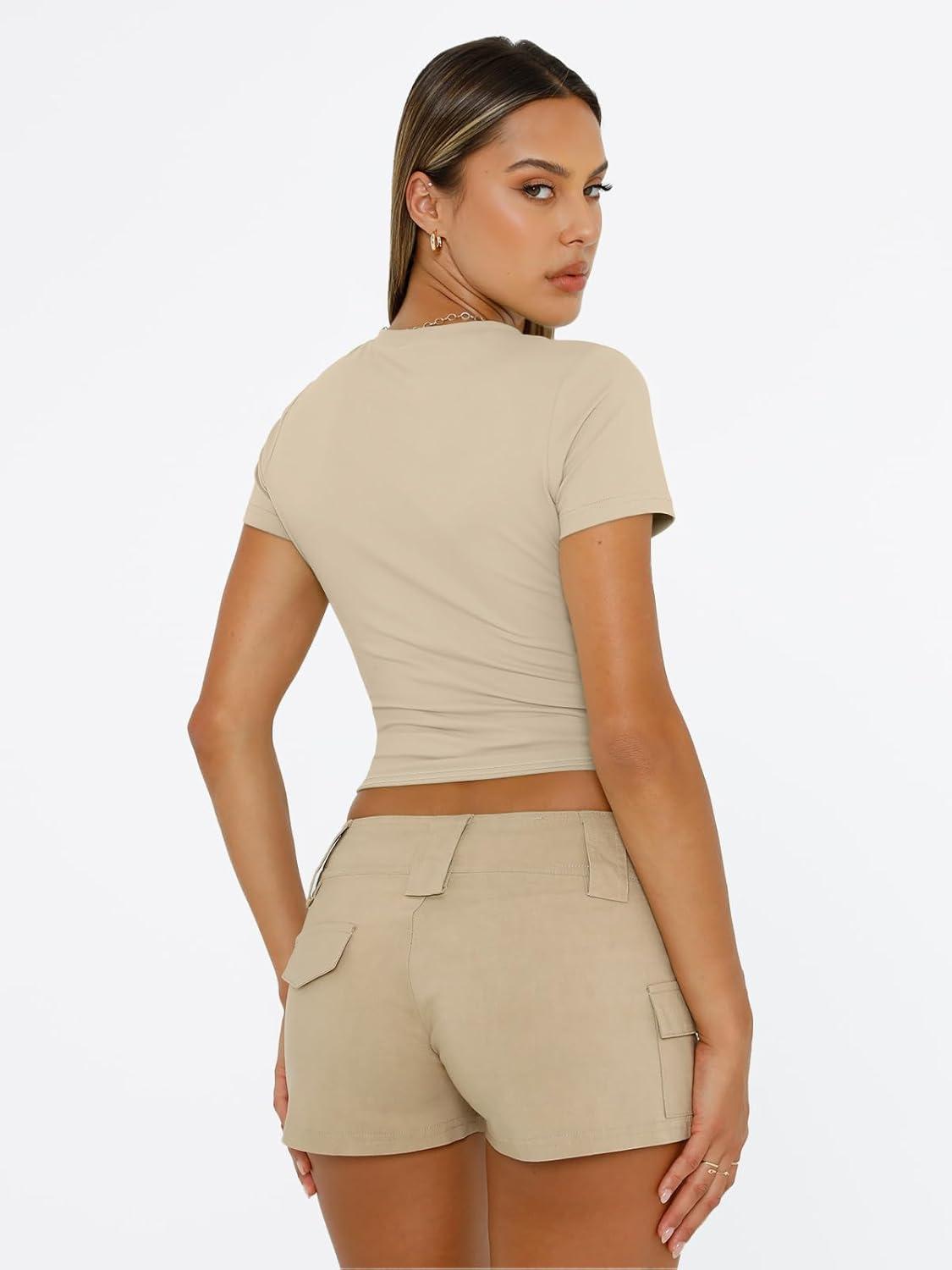 imageTrendy Queen Womens Short Sleeve T Shirts Summer Crop Tops Basic Slim Fit Gym Workout Y2k ClothesBeige