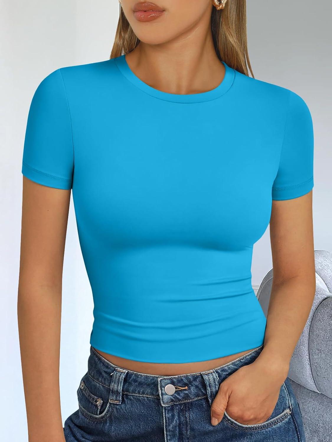 imageTrendy Queen Womens Short Sleeve T Shirts Summer Crop Tops Basic Slim Fit Gym Workout Y2k ClothesBlue