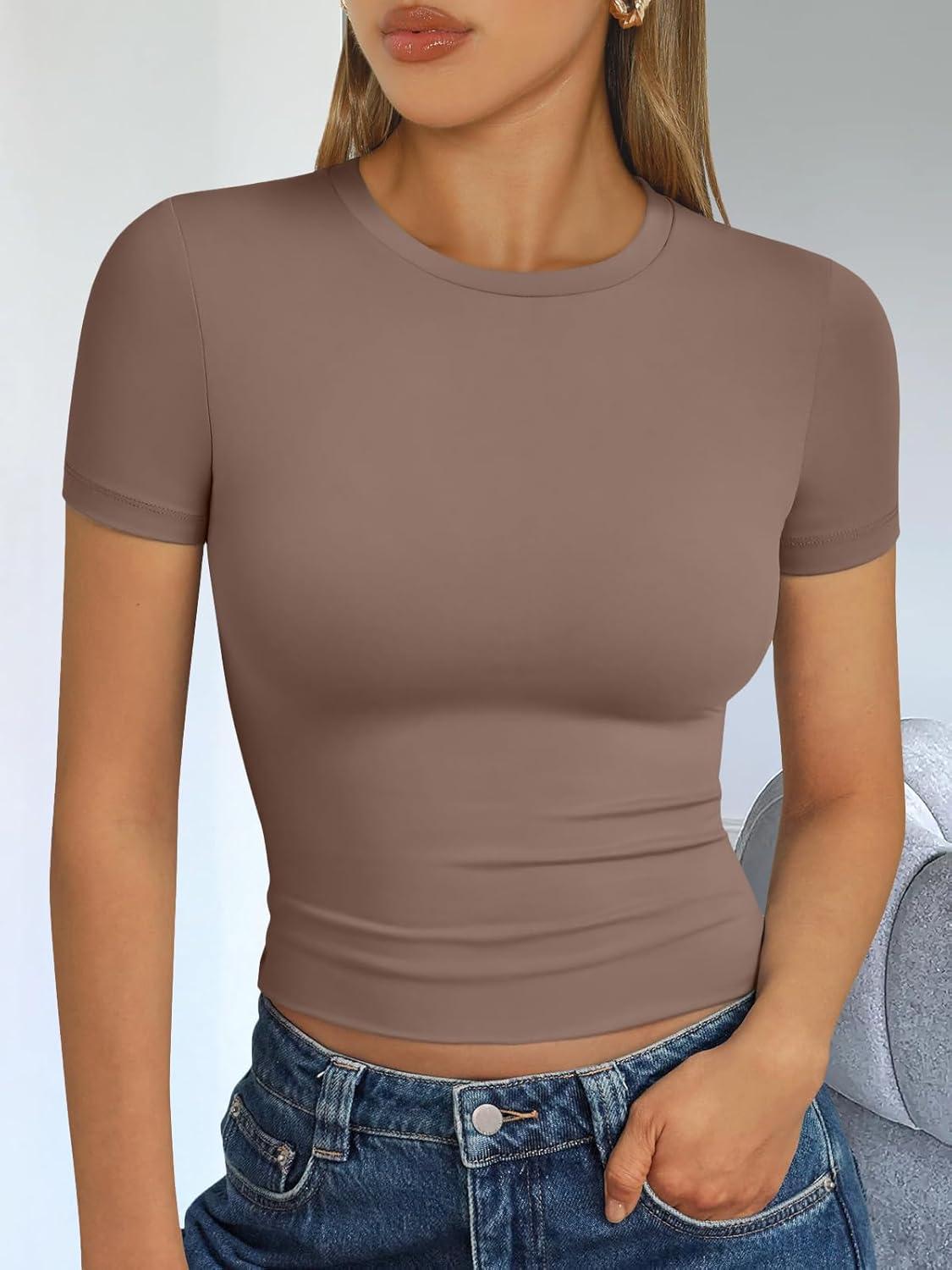 imageTrendy Queen Womens Short Sleeve T Shirts Summer Crop Tops Basic Slim Fit Gym Workout Y2k ClothesCoffee Grey