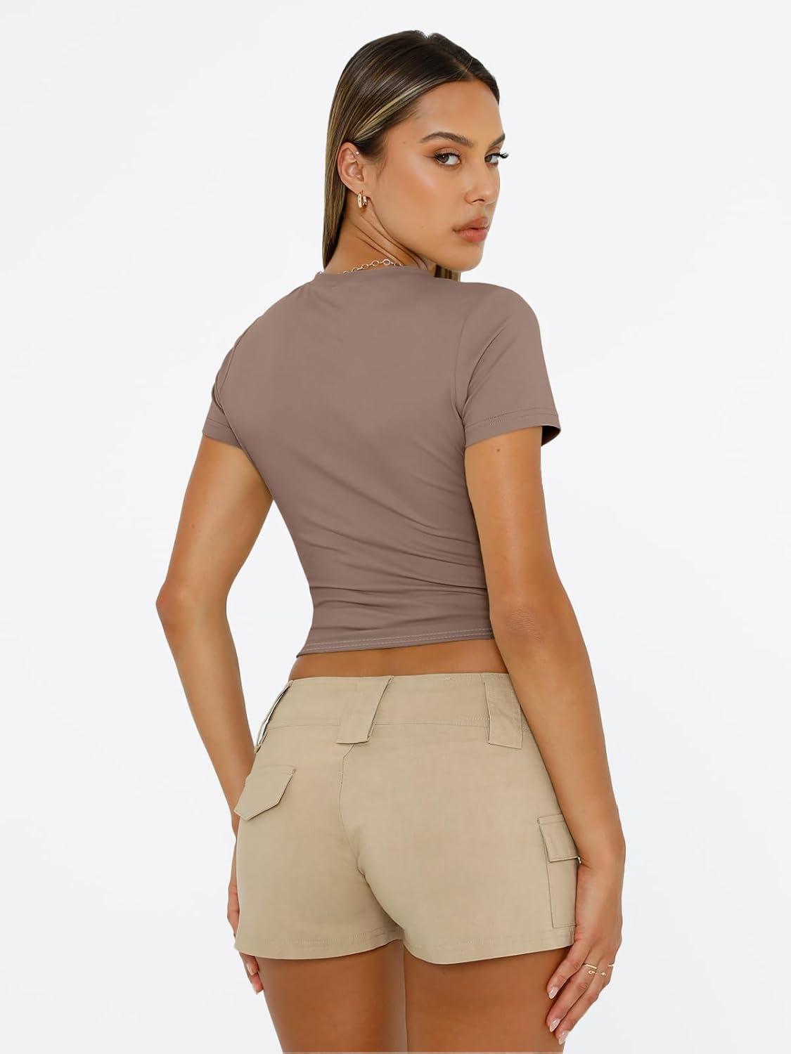 imageTrendy Queen Womens Short Sleeve T Shirts Summer Crop Tops Basic Slim Fit Gym Workout Y2k ClothesCoffee Grey