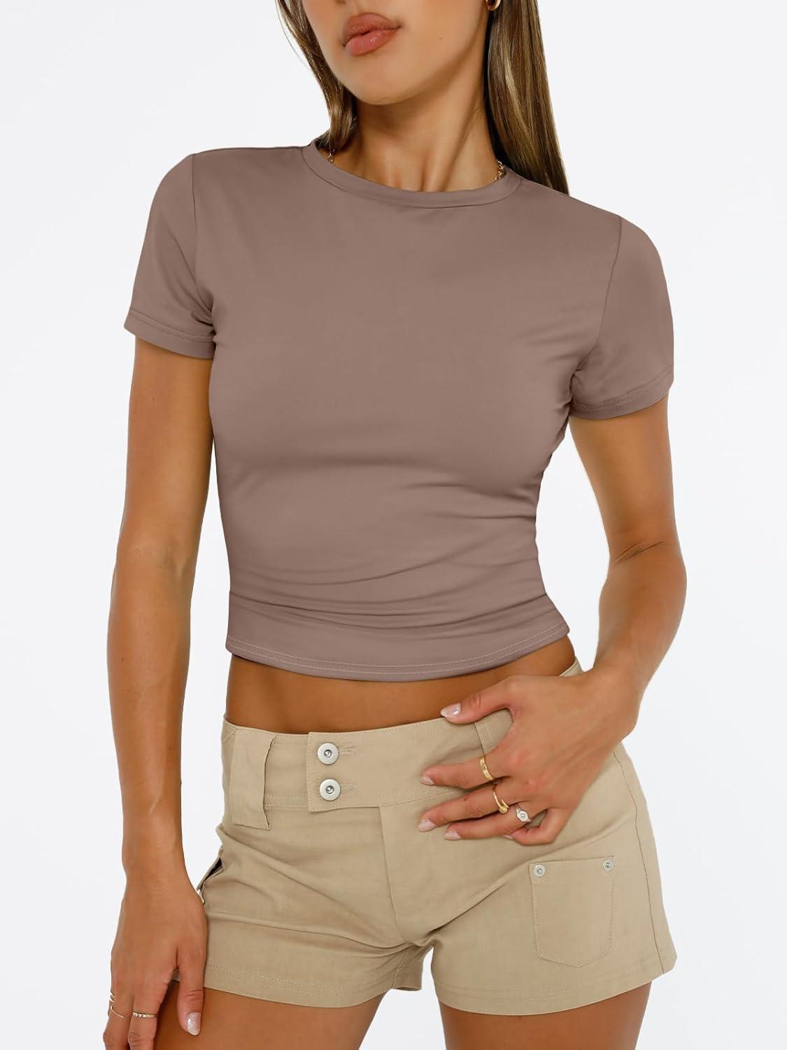 imageTrendy Queen Womens Short Sleeve T Shirts Summer Crop Tops Basic Slim Fit Gym Workout Y2k ClothesCoffee Grey