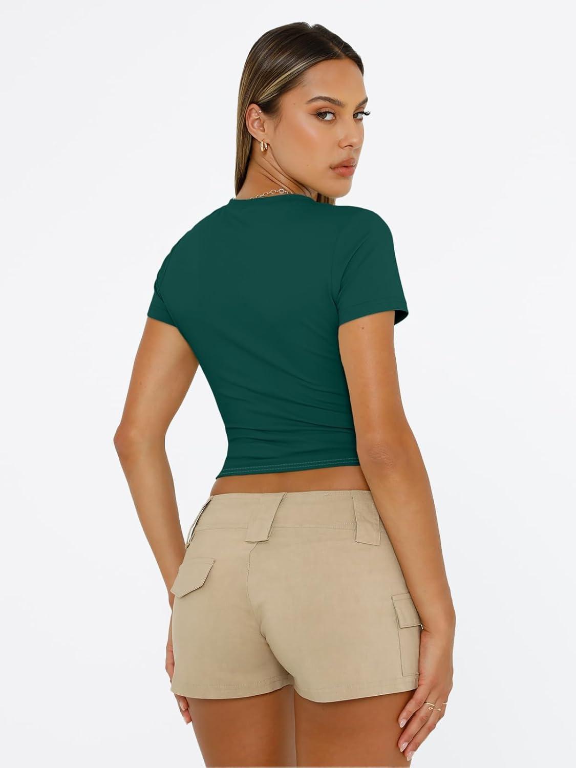 imageTrendy Queen Womens Short Sleeve T Shirts Summer Crop Tops Basic Slim Fit Gym Workout Y2k ClothesDark Green