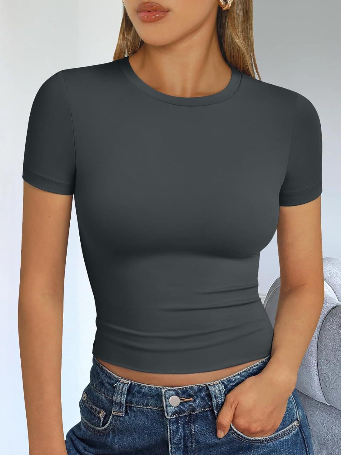 imageTrendy Queen Womens Short Sleeve T Shirts Summer Crop Tops Basic Slim Fit Gym Workout Y2k ClothesGray