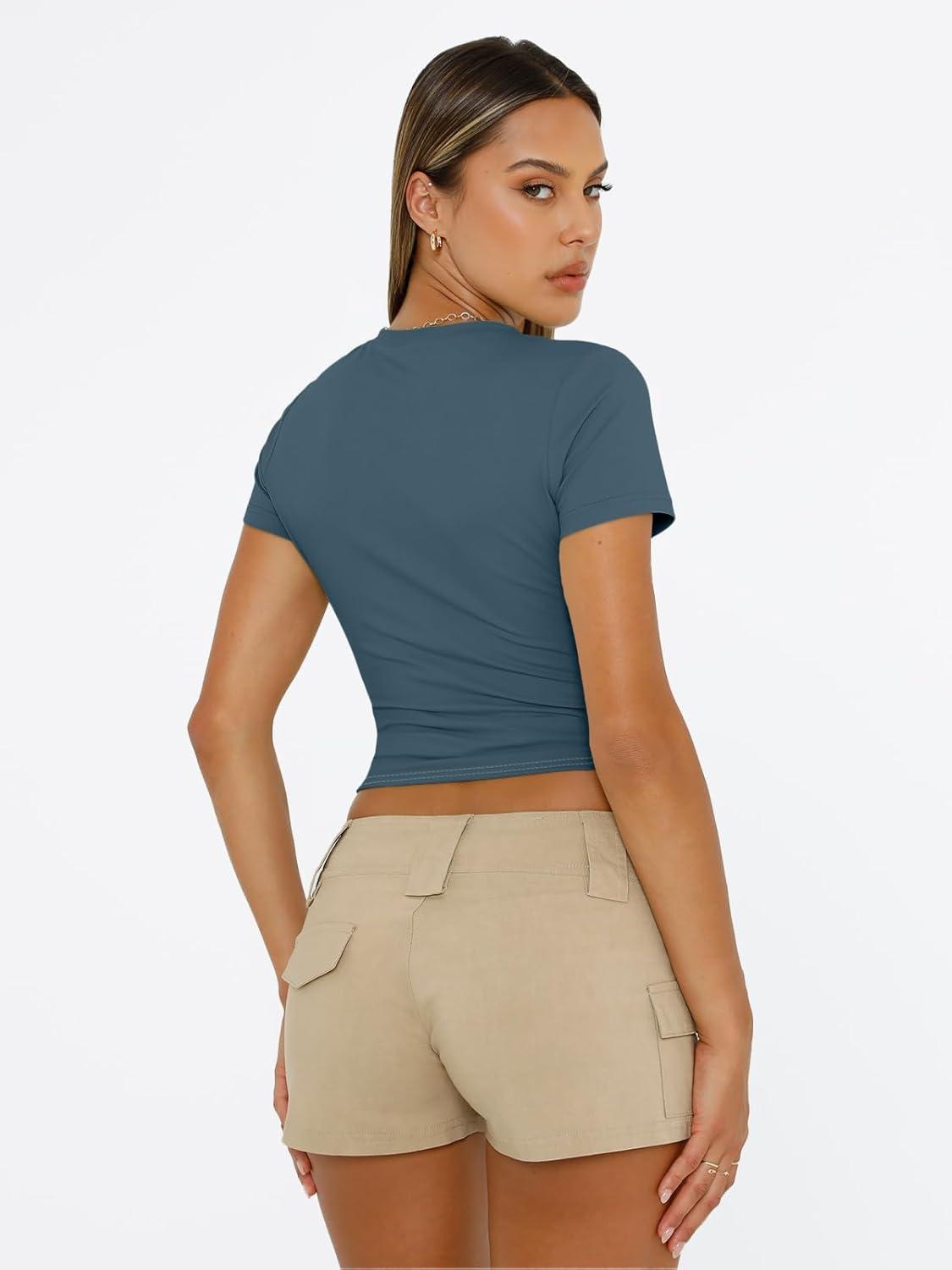 imageTrendy Queen Womens Short Sleeve T Shirts Summer Crop Tops Basic Slim Fit Gym Workout Y2k ClothesHaze Blue