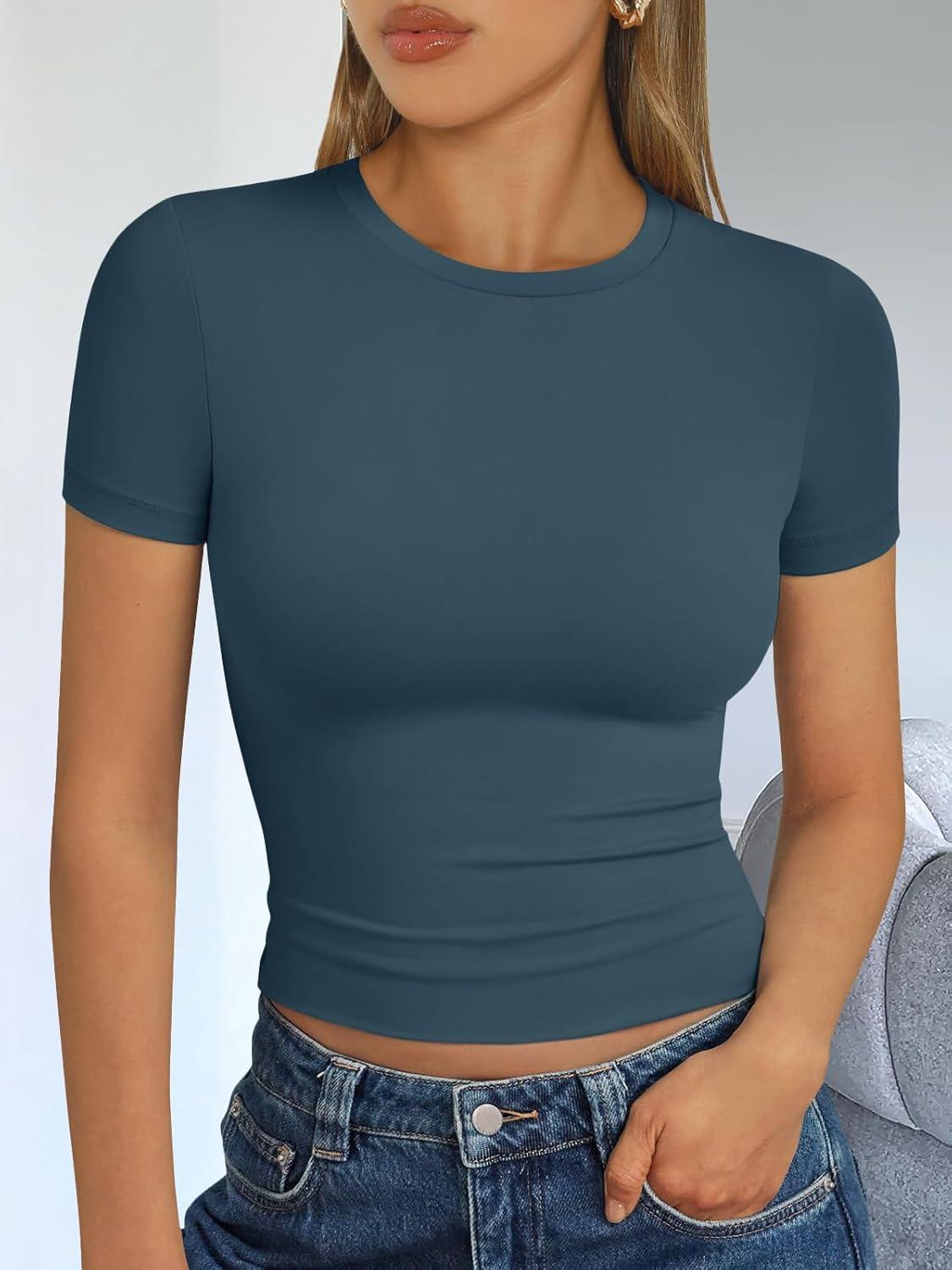 imageTrendy Queen Womens Short Sleeve T Shirts Summer Crop Tops Basic Slim Fit Gym Workout Y2k ClothesHaze Blue