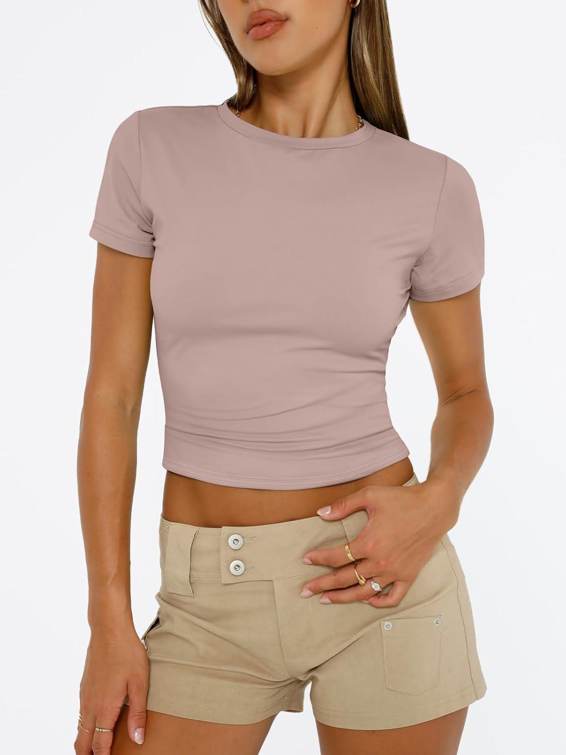 imageTrendy Queen Womens Short Sleeve T Shirts Summer Crop Tops Basic Slim Fit Gym Workout Y2k ClothesLatte