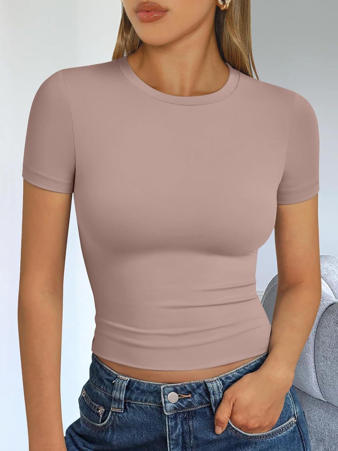 imageTrendy Queen Womens Short Sleeve T Shirts Summer Crop Tops Basic Slim Fit Gym Workout Y2k ClothesLatte