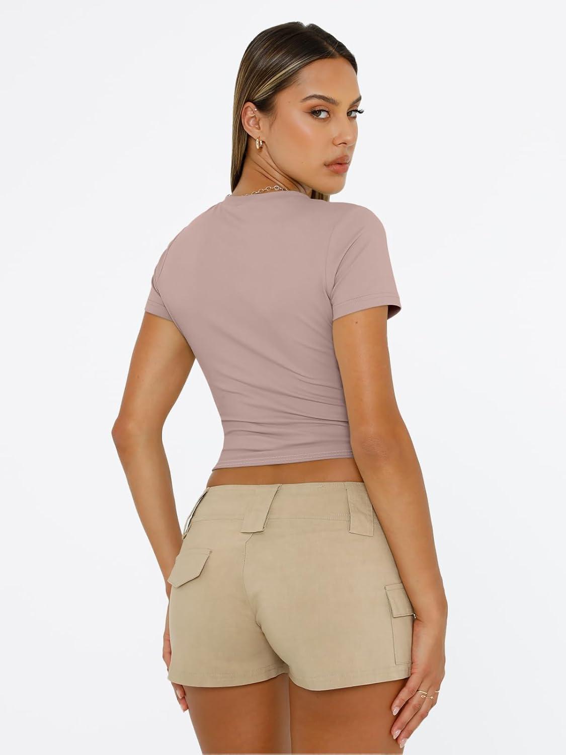 imageTrendy Queen Womens Short Sleeve T Shirts Summer Crop Tops Basic Slim Fit Gym Workout Y2k ClothesLatte