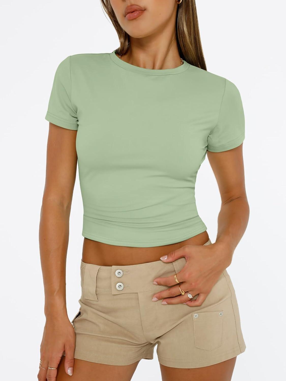 imageTrendy Queen Womens Short Sleeve T Shirts Summer Crop Tops Basic Slim Fit Gym Workout Y2k ClothesLight Green
