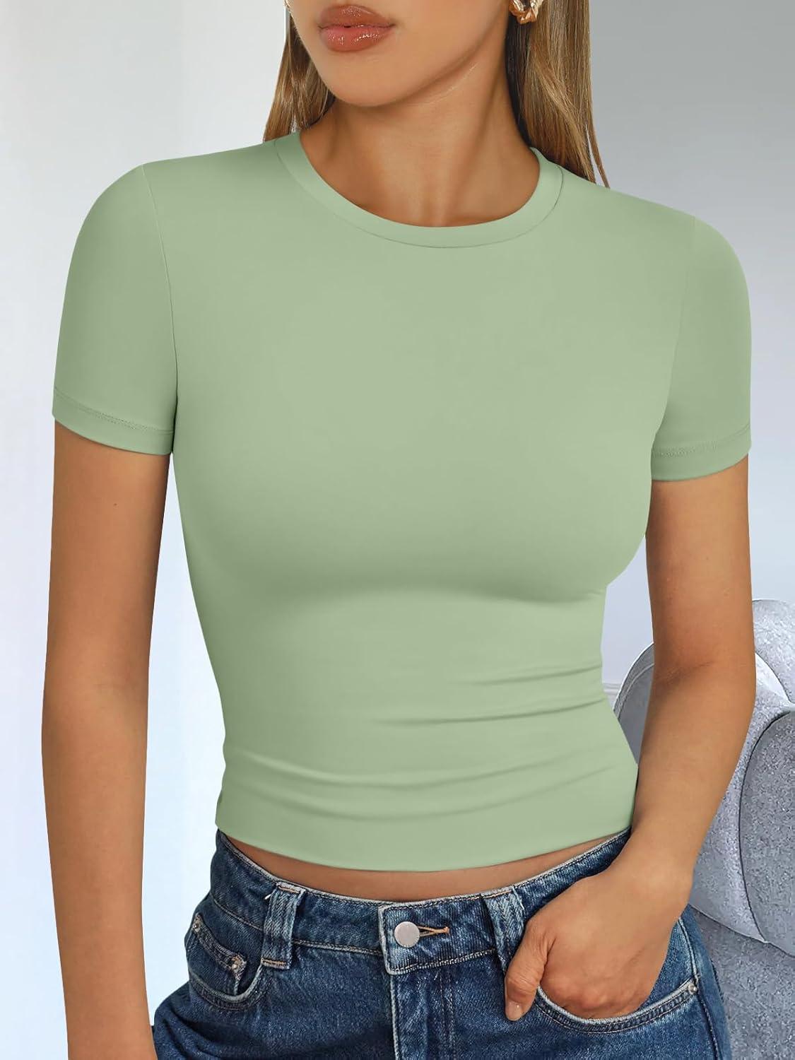 imageTrendy Queen Womens Short Sleeve T Shirts Summer Crop Tops Basic Slim Fit Gym Workout Y2k ClothesLight Green