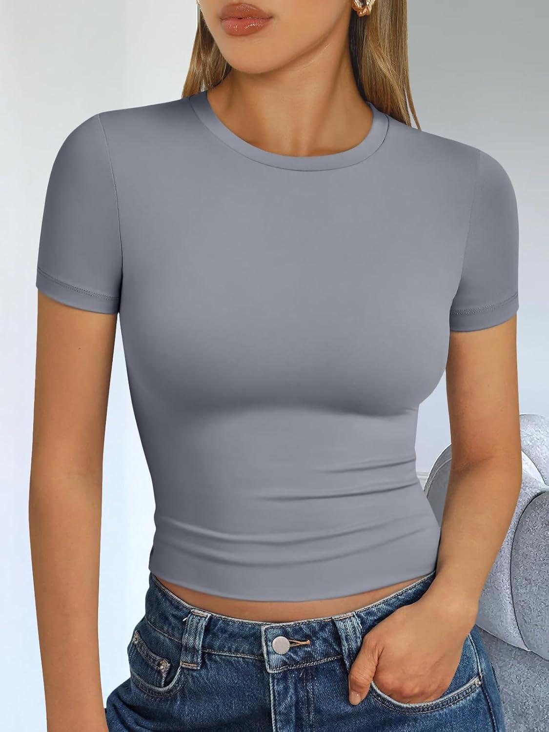 imageTrendy Queen Womens Short Sleeve T Shirts Summer Crop Tops Basic Slim Fit Gym Workout Y2k ClothesLight Grey