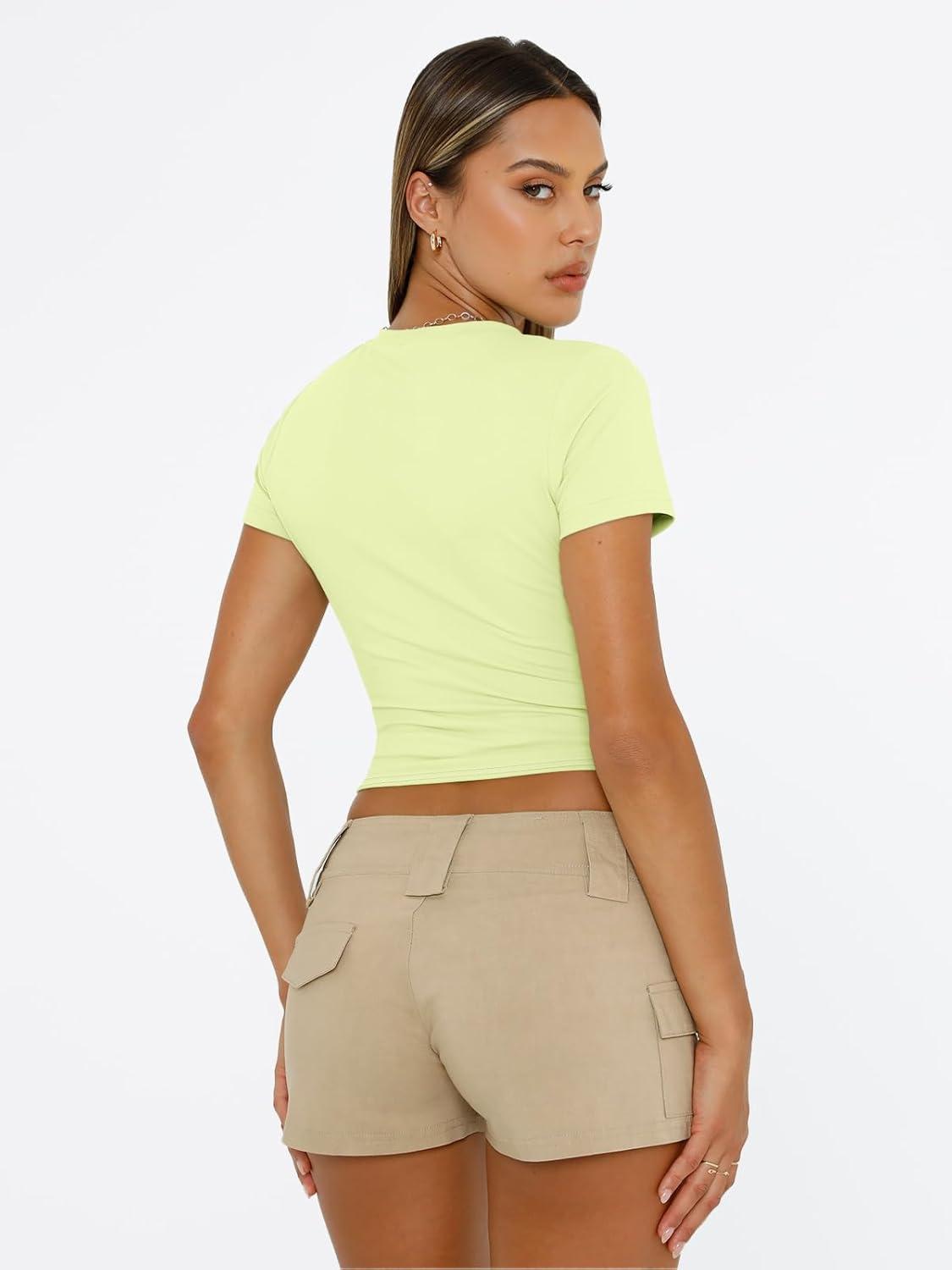 imageTrendy Queen Womens Short Sleeve T Shirts Summer Crop Tops Basic Slim Fit Gym Workout Y2k ClothesLime Green