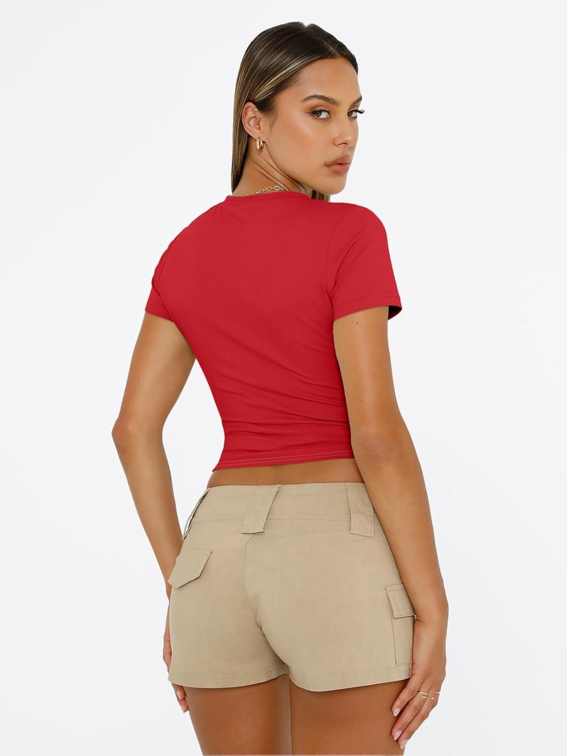 imageTrendy Queen Womens Short Sleeve T Shirts Summer Crop Tops Basic Slim Fit Gym Workout Y2k ClothesRed