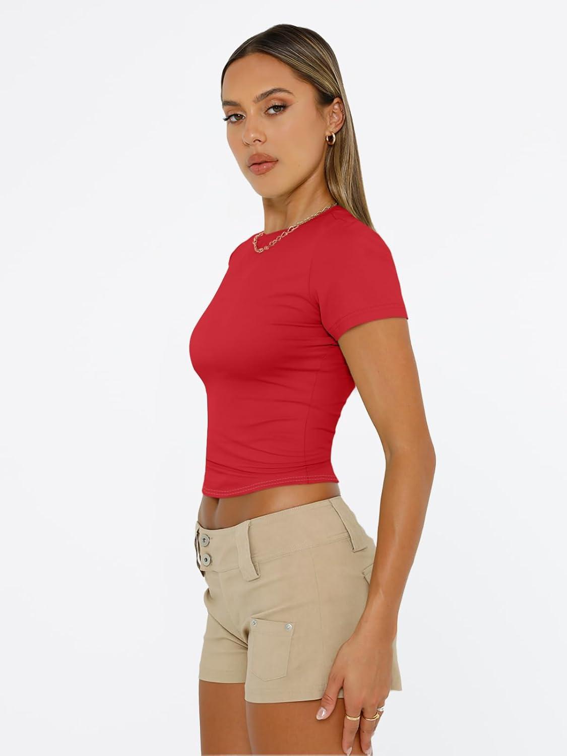 imageTrendy Queen Womens Short Sleeve T Shirts Summer Crop Tops Basic Slim Fit Gym Workout Y2k ClothesRed