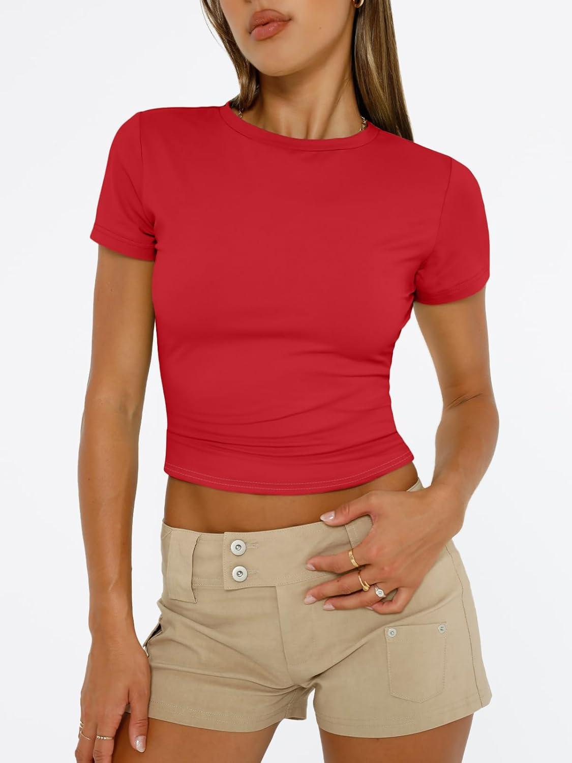 imageTrendy Queen Womens Short Sleeve T Shirts Summer Crop Tops Basic Slim Fit Gym Workout Y2k ClothesRed