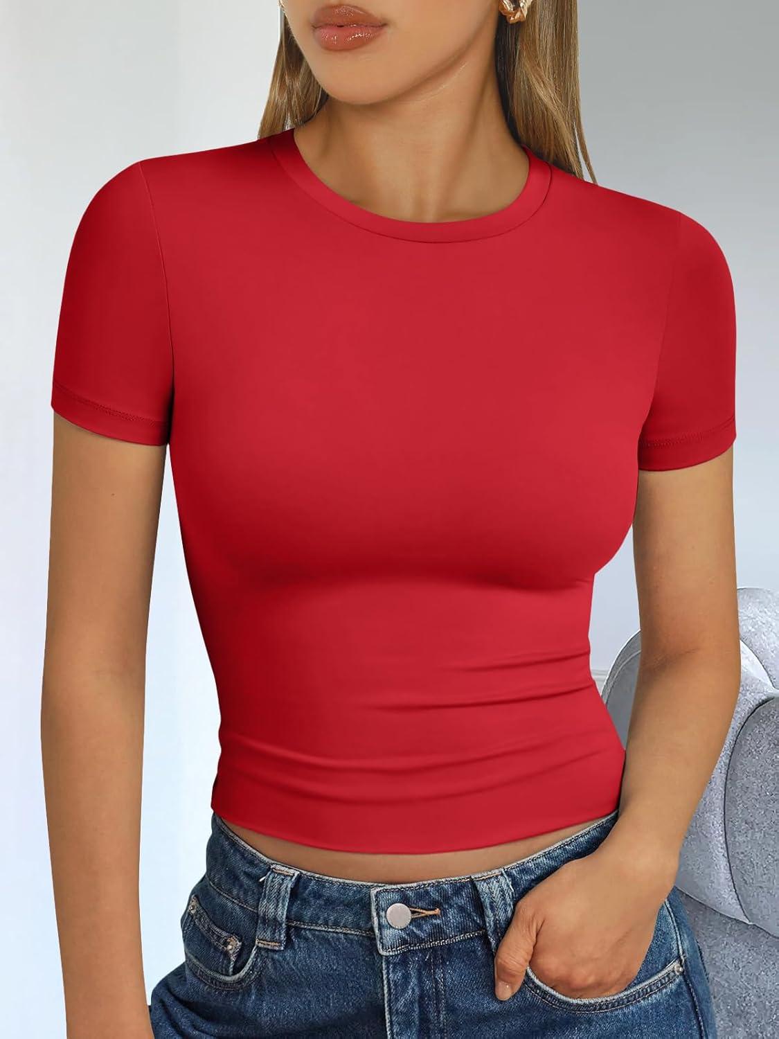 imageTrendy Queen Womens Short Sleeve T Shirts Summer Crop Tops Basic Slim Fit Gym Workout Y2k ClothesRed