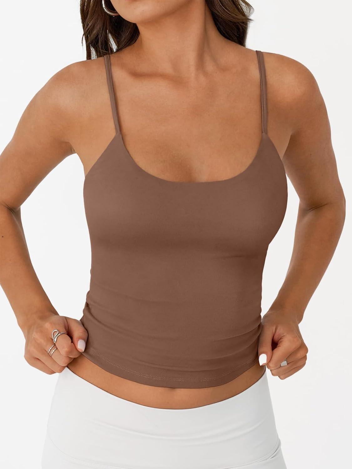 imageTrendy Queen Womens Spaghetti Strap Tank Top Summer Double Lined Workout Camisole Going Out Cute Tops Y2k Teen Girl BasicBrown