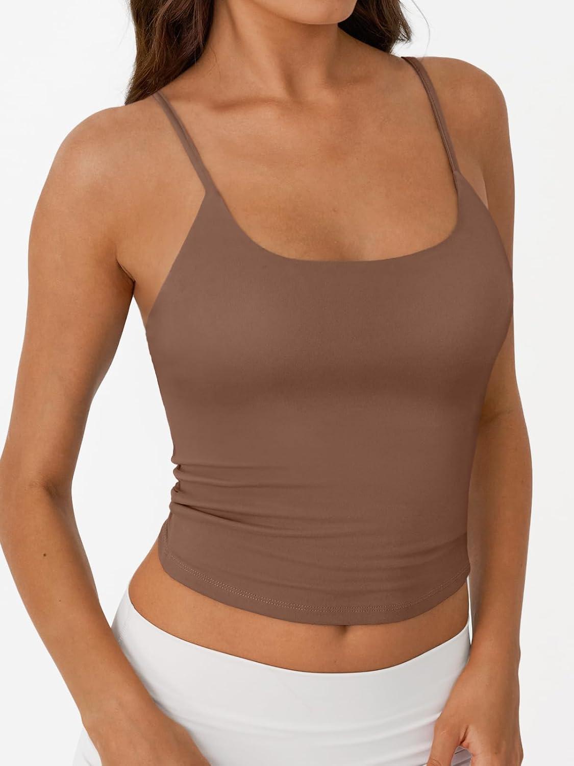 imageTrendy Queen Womens Spaghetti Strap Tank Top Summer Double Lined Workout Camisole Going Out Cute Tops Y2k Teen Girl BasicBrown