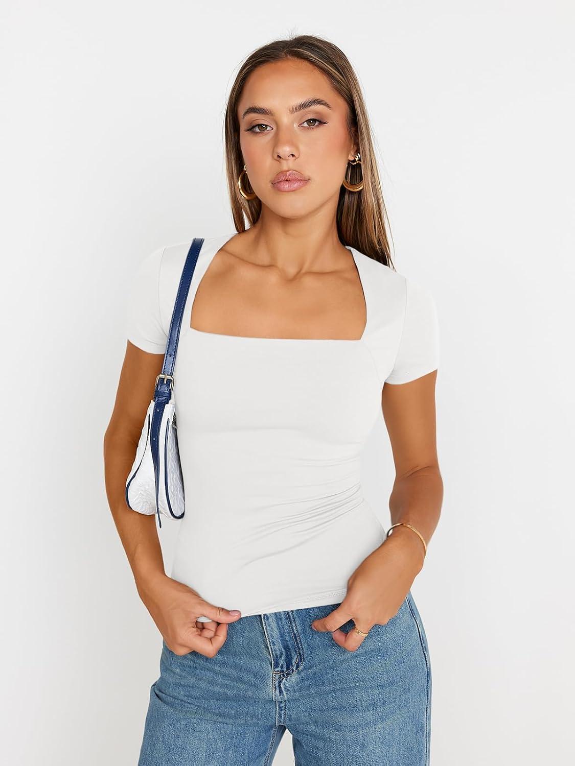 imageTrendy Queen Womens Square Neck Tops Short Sleeve Shirts Double Lined Workout Summer Clothes Casual Slim Fit TShirtsWhite