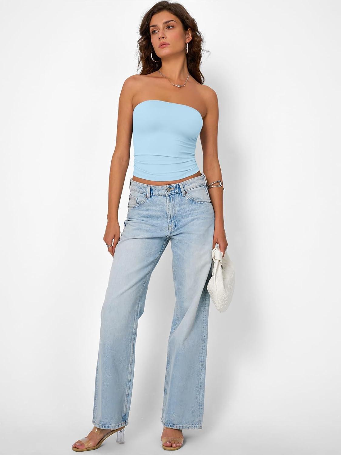 imageTrendy Queen Womens Strapless Tube Tops Basic Backless Sleeveless Bandeau Going Out Crop Tops Cute 2025 Summer ClothesBaby Blue