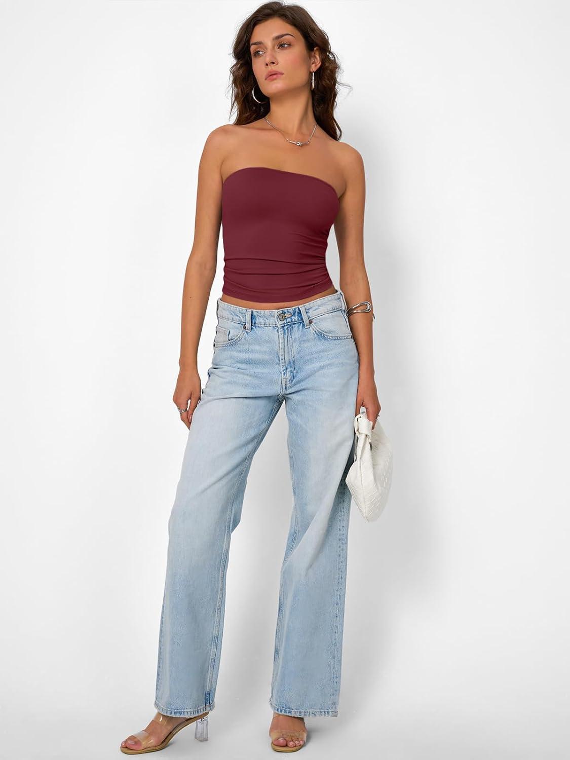 imageTrendy Queen Womens Strapless Tube Tops Basic Backless Sleeveless Bandeau Going Out Crop Tops Cute 2025 Summer ClothesBurgundy