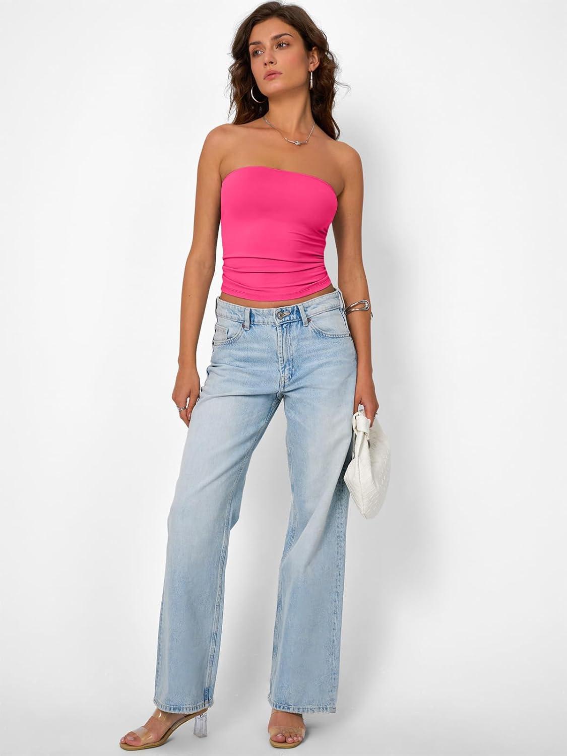 imageTrendy Queen Womens Strapless Tube Tops Basic Backless Sleeveless Bandeau Going Out Crop Tops Cute 2025 Summer ClothesHotpink