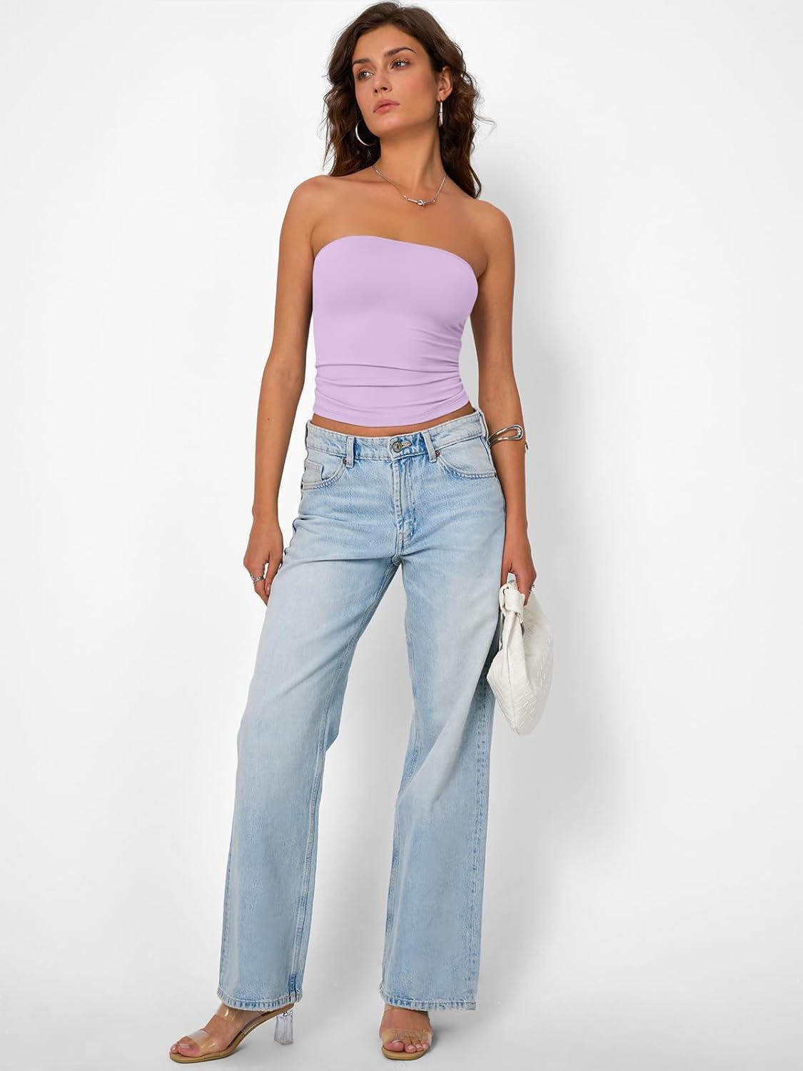 imageTrendy Queen Womens Strapless Tube Tops Basic Backless Sleeveless Bandeau Going Out Crop Tops Cute 2025 Summer ClothesLight Purple