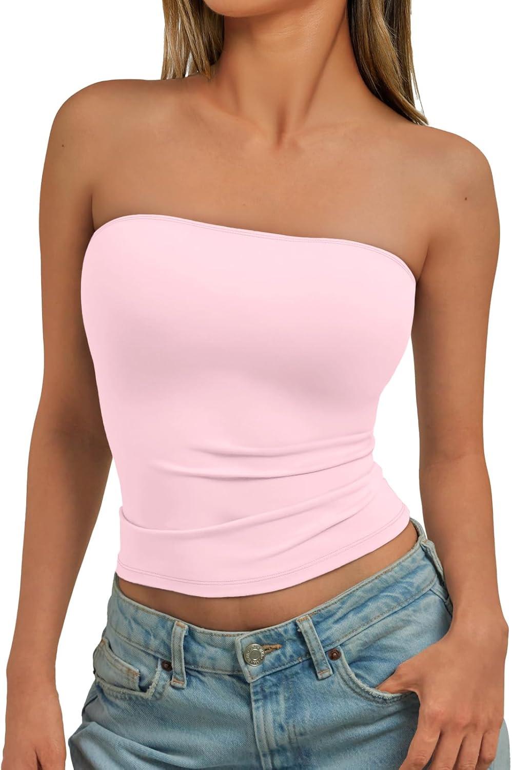 imageTrendy Queen Womens Strapless Tube Tops Basic Backless Sleeveless Bandeau Going Out Crop Tops Cute 2025 Summer ClothesPink