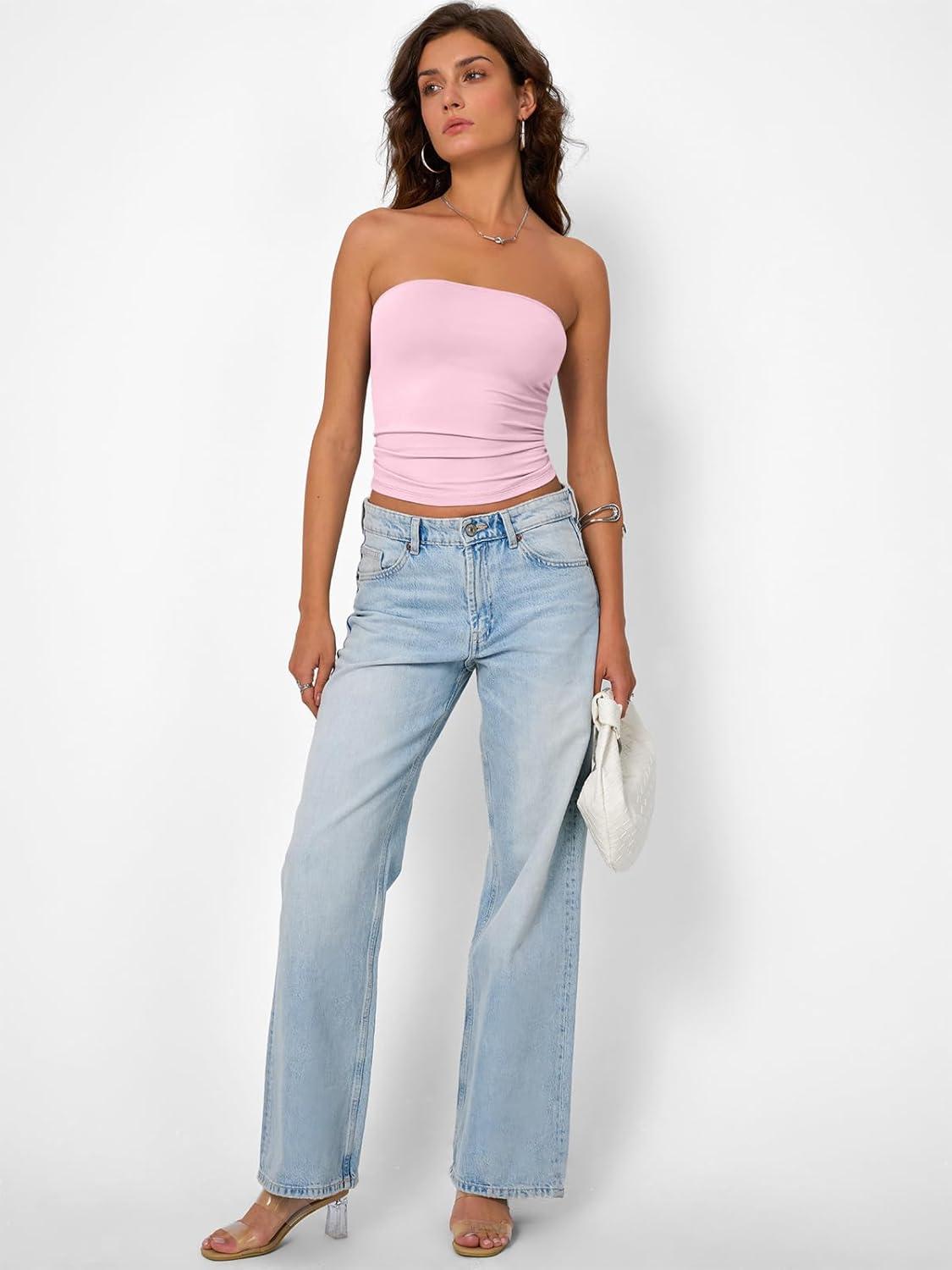 imageTrendy Queen Womens Strapless Tube Tops Basic Backless Sleeveless Bandeau Going Out Crop Tops Cute 2025 Summer ClothesPink