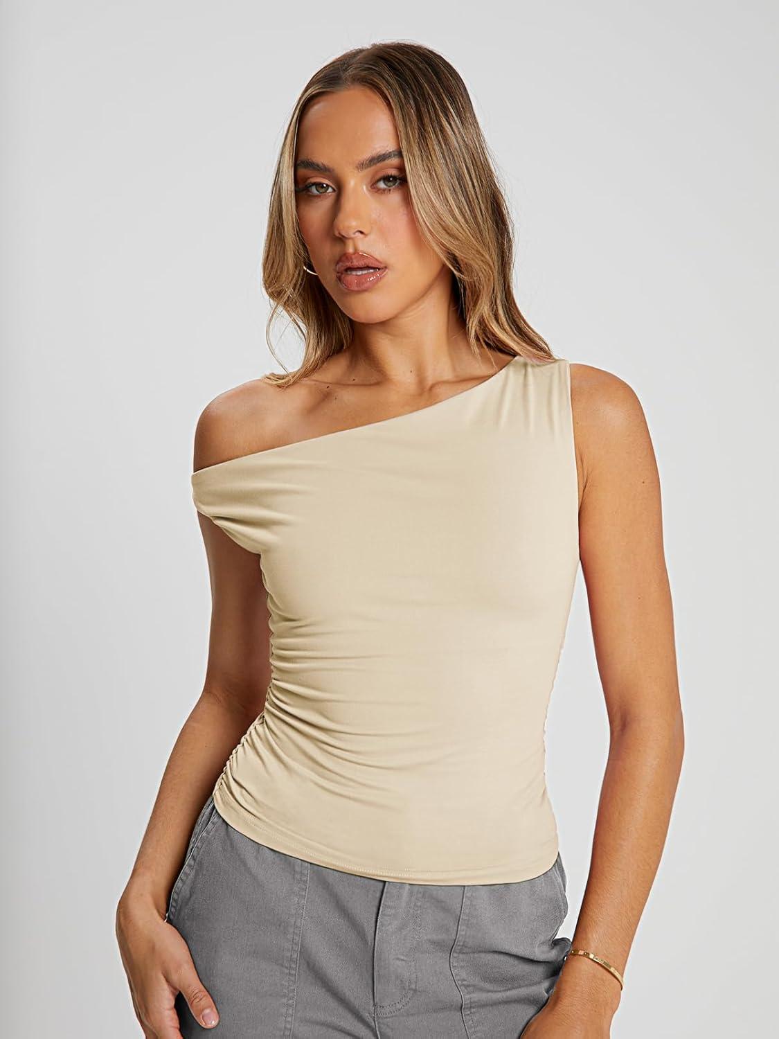 imageTrendy Queen Womens Summer Off The Shoulder Tops Going Out T Shirts Crop Tank Top Fashion Clothes Spring Outfits 2025Apricot