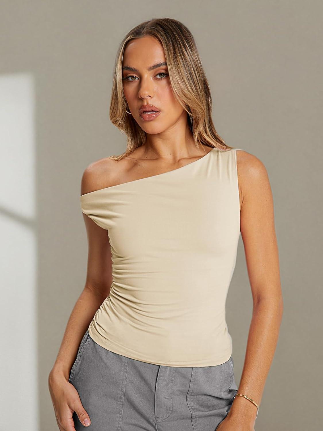 imageTrendy Queen Womens Summer Off The Shoulder Tops Going Out T Shirts Crop Tank Top Fashion Clothes Spring Outfits 2025Apricot