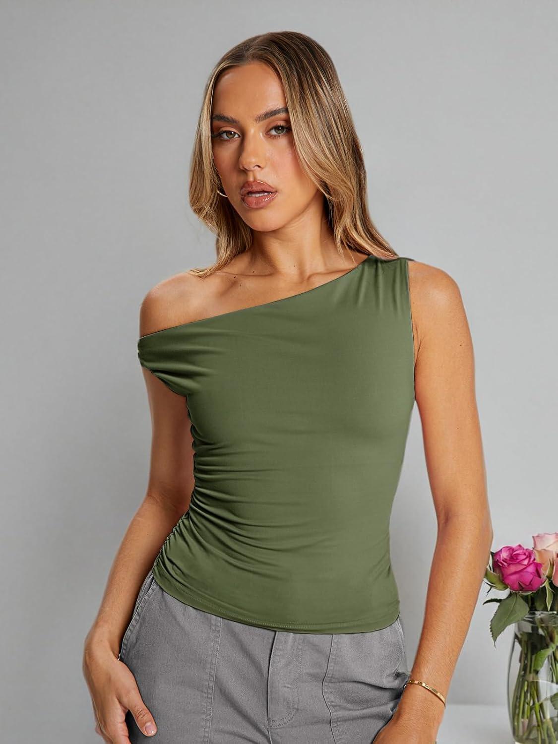imageTrendy Queen Womens Summer Off The Shoulder Tops Going Out T Shirts Crop Tank Top Fashion Clothes Spring Outfits 2025Army Green